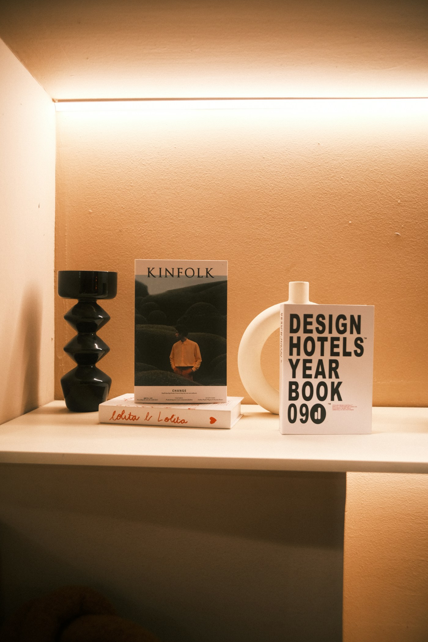 Curated objects on a shelf